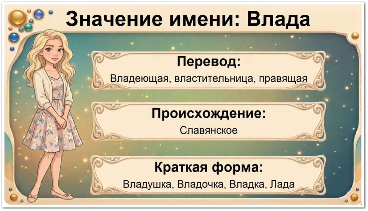 Значение имени Влада: перевод — Владеющая, властительница, правящая, славянское происхождение, краткие формы Владочка, Владуша, Лада, Ладушка.