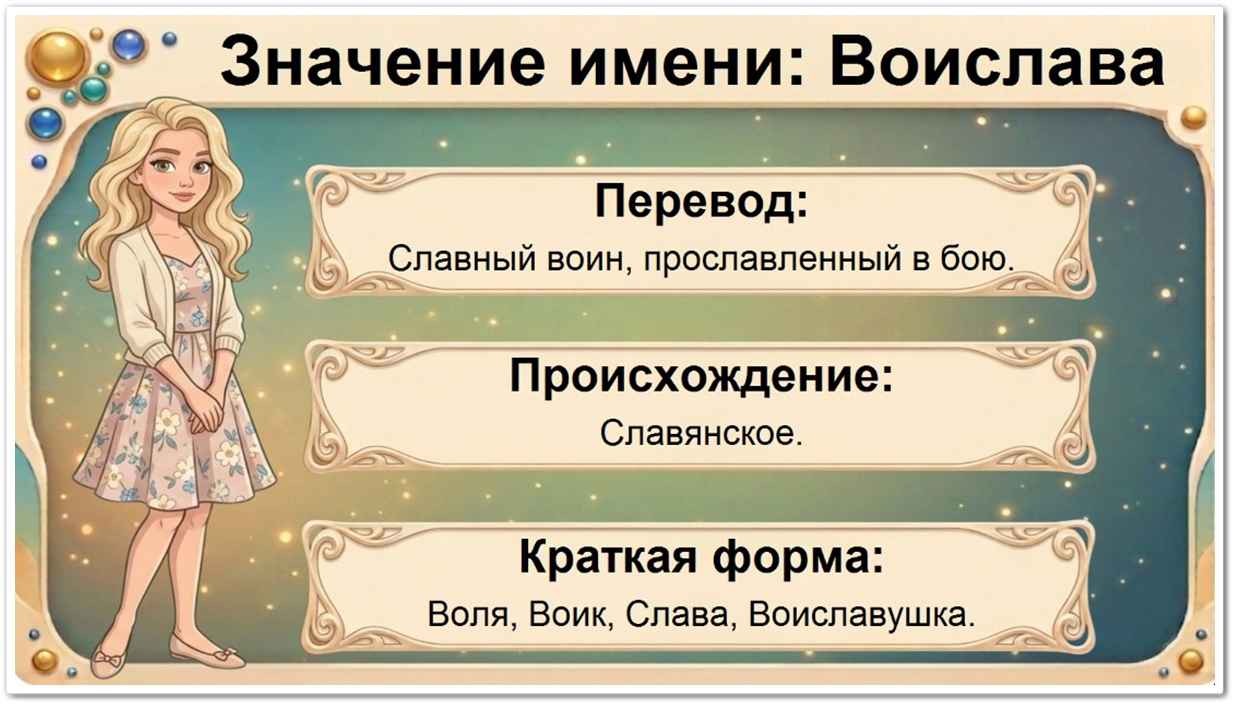 Значение имени Воислава: перевод — Славная в борцах, воюющая за славу, старославянское происхождение, краткие формы Войка, Воля, Слава, Воиславка.