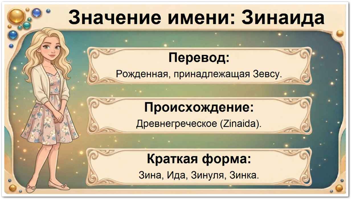Значение имени Зинаида: перевод — Рожденная Зевсом, принадлежащая Зевсу, древнегреческое происхождение, краткие формы Зина, Зинуля, Ида, Зинка.