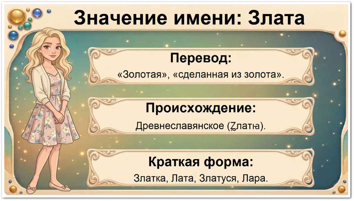 Значение имени Злата: перевод — Золотая, сделанная из золота, древнеславянское происхождение, краткие формы Златка, Лата, Златуся, Лара.