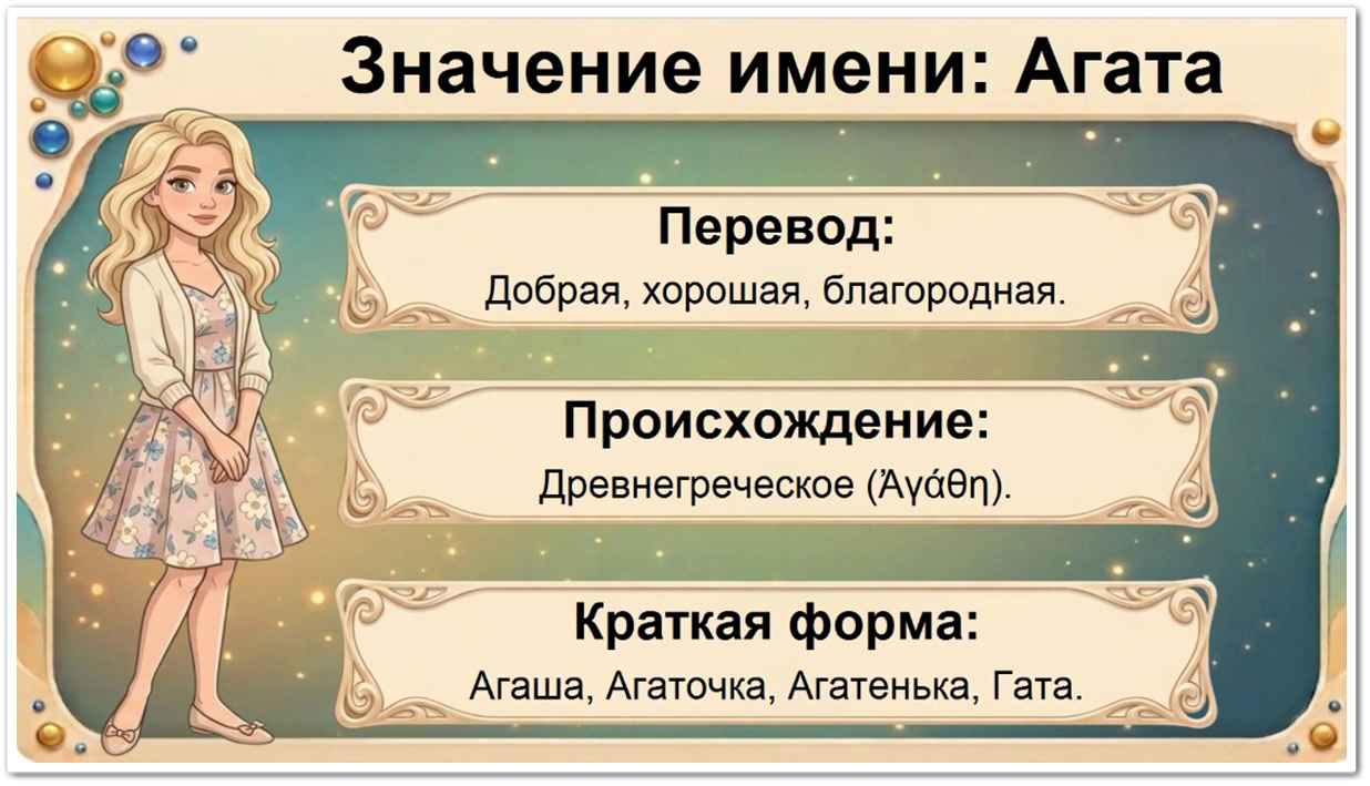 Значение имени Агата: перевод — добрая, хорошая, греческое происхождение, краткие формы Агаша, Агаточка, Гата, Аги.