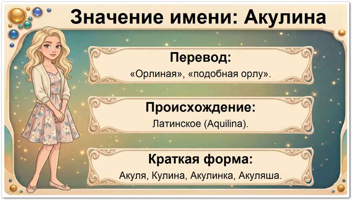 Значение имени Акулина: перевод — орлиная, латинское происхождение, краткие формы Акуля, Кулина, Акулинка, Лина.