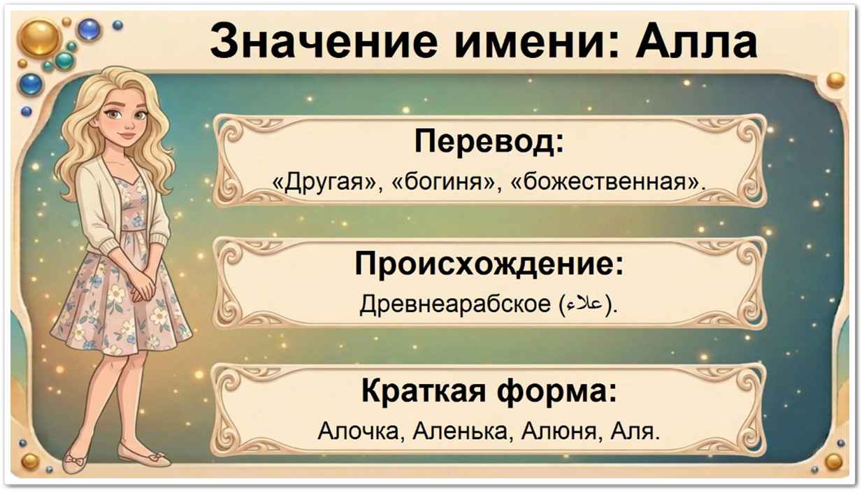 Значение имени Алла: перевод — богиня, древнеарабское и готское происхождение, краткие формы Алочка, Аленька, Алюня, Аля.