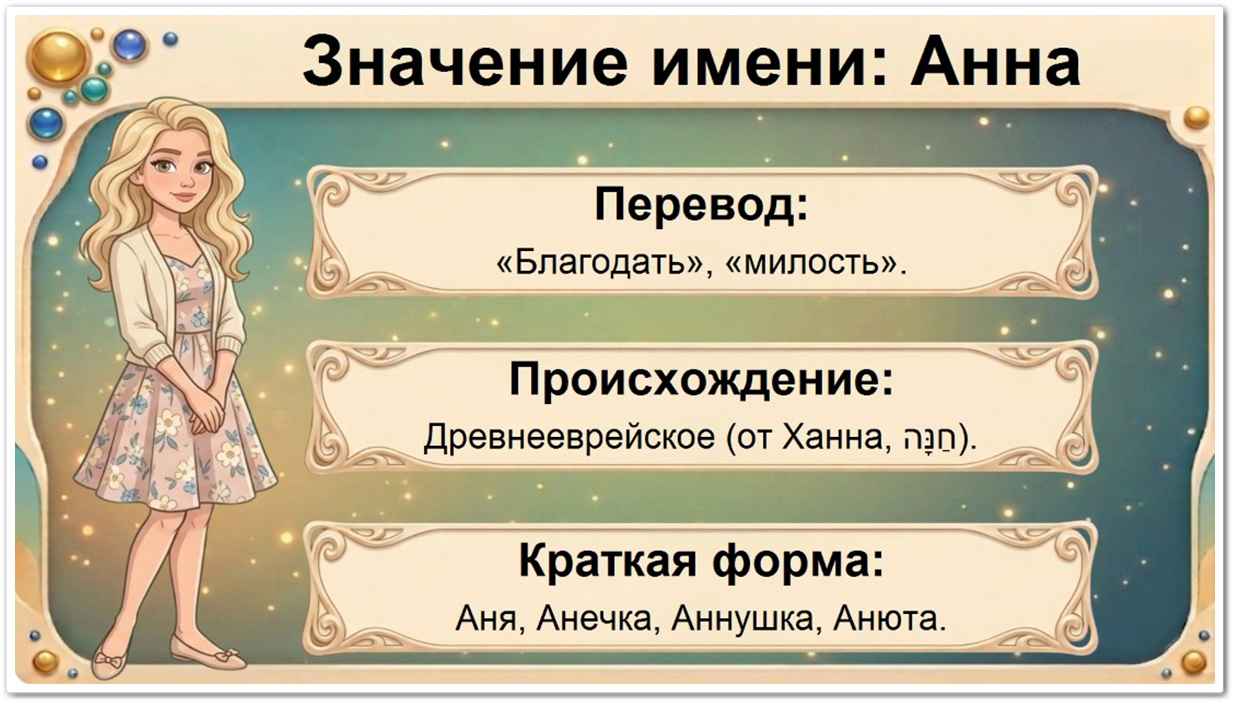 Значение имени Анна: перевод — благодать, милость, древнееврейское происхождение, краткие формы Аня, Анечка, Аннушка, Анюта.