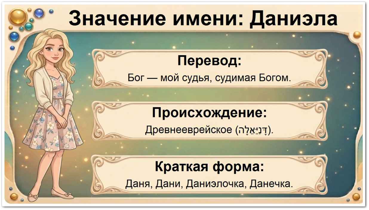 Значение имени Даниэла: перевод — Бог мой судья, древнееврейское происхождение, краткие формы Даня, Дани, Даниэлочка, Данечка, Эла.
