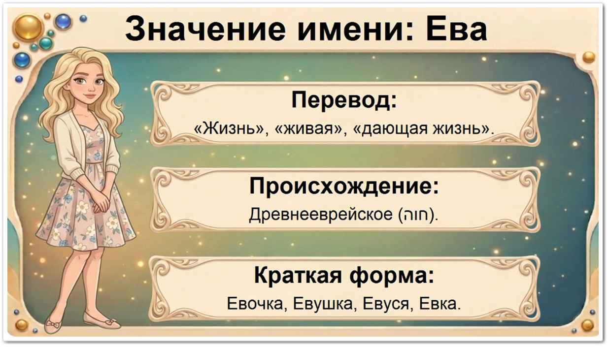 Значение имени Ева: перевод — жизнь, дающая жизнь, древнееврейское происхождение, краткие формы Евочка, Евушка, Евуся, Евка.