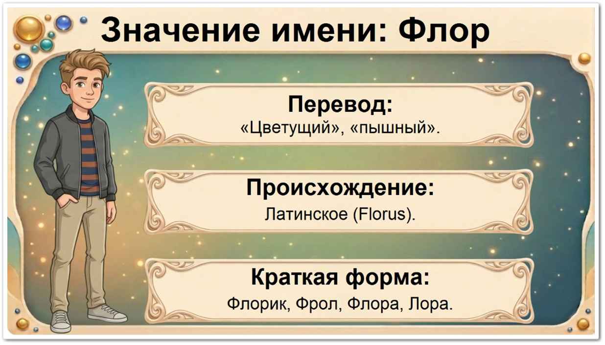 Значение имени Флор: перевод — цветущий, латинское происхождение, краткие формы Флорик, Флора, Флори, Лора.
