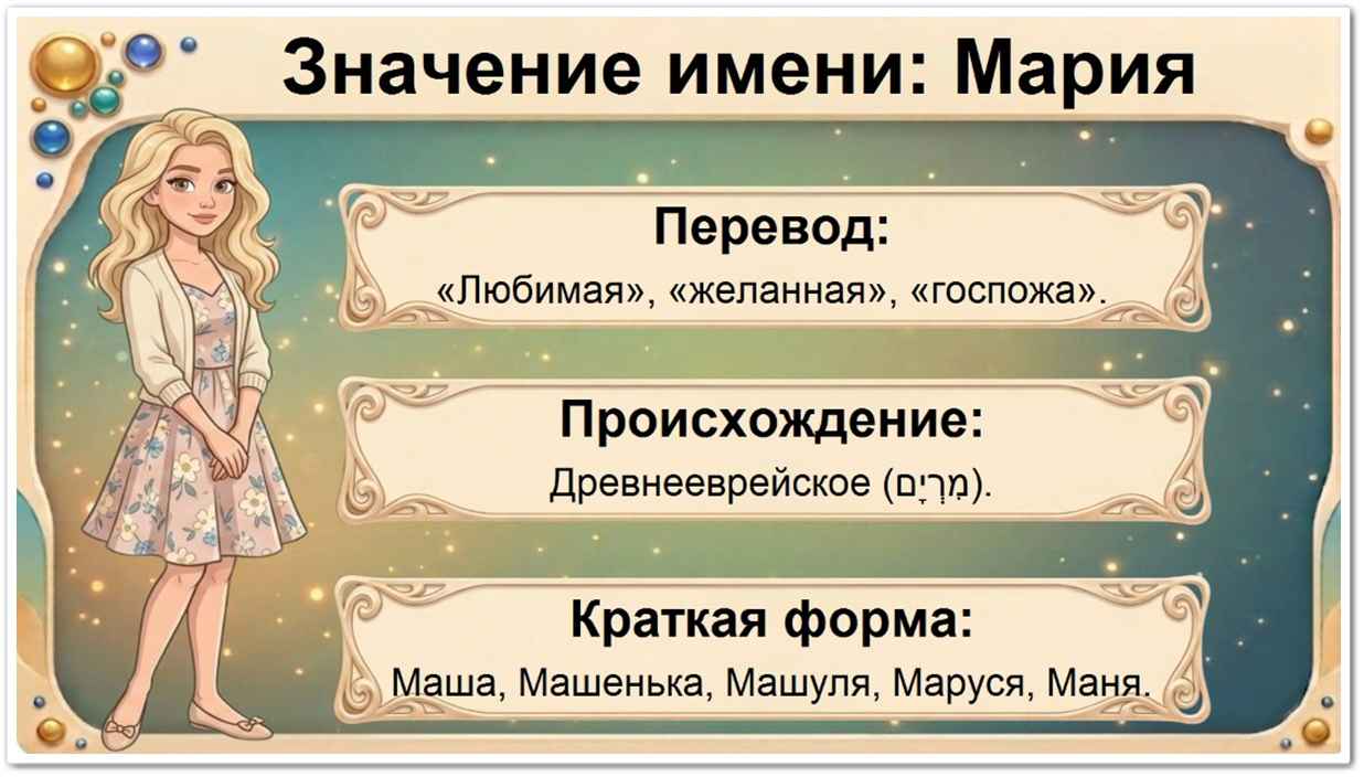 Значение имени Мария (Мириам): перевод — «горькая», «желаемая ребёнок», «госпожа» или «капля моря» (из древнееврейского языка от имени Мириам — מִרְיָם), древнееврейское и библейское происхождение, краткие формы Маша, Маруся, Муся, Маня, Мара, Машуня, Рима.