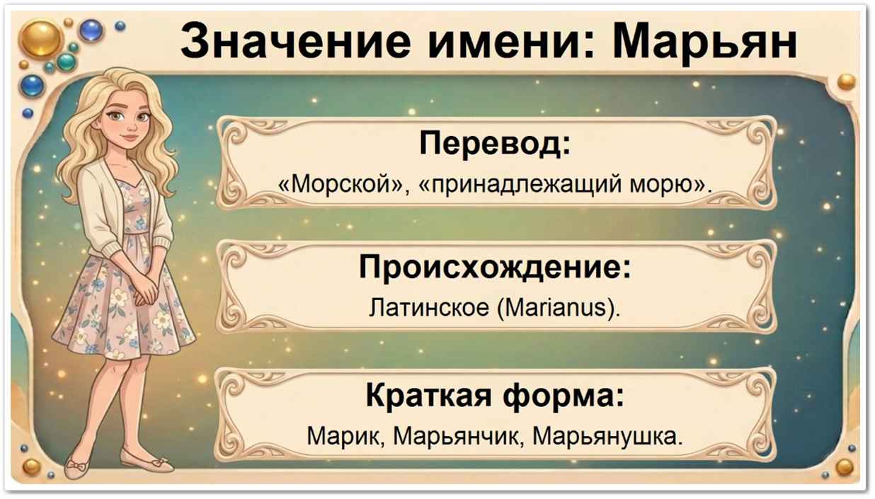Значение имени Марьяна: перевод — морская, горькая, принадлежащая богу войны Марсу (вариант происхождения от Мариам / Мария и римского рода Марьянов), славянское и европейское происхождение, краткие формы Марьянка, Маря, Марюша, Яна.