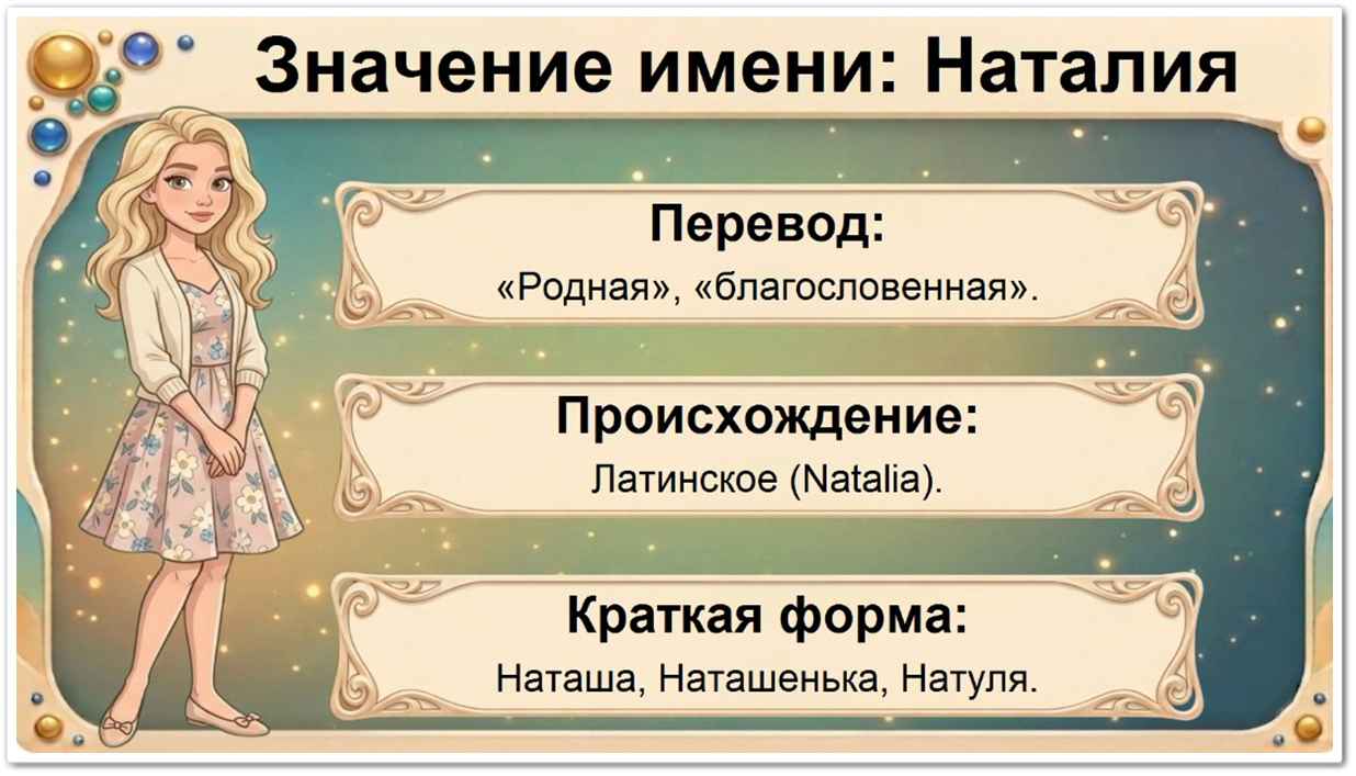 Значение имени Наталия: перевод — родная, благословенная, латинское происхождение, краткие формы Наташа, Ната, Натуля, Тата.