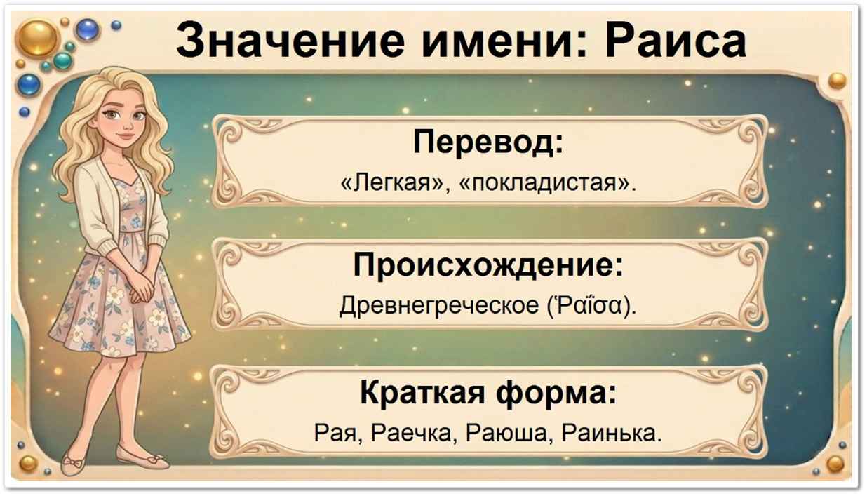 Значение имени Раиса: перевод — лёгкая, беспечная (от древнегреческого слова ῥᾴδιος — лёгкий), либо «преданная», «покорная» (по другой арабской версии от слова райис — начальник, руководитель), также рассматривается связь с именем Ираида — «посвященная Гере». Происхождение греческое, арабское и европейское. Краткие и уменьшительные формы: Рая, Раюша, Раечка, Раиска.