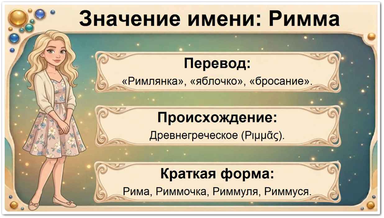 Значение имени Римма: перевод — римлянка, яблочко, латинское и древнегреческое происхождение, краткие формы Рима, Риммочка, Риммуля, Риммуся.