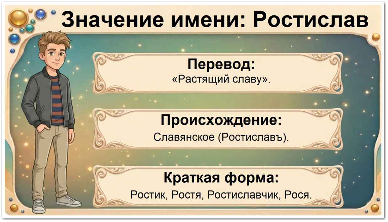 Значение имени Ростислав: перевод — «растущая слава», «тот, чья слава растет» (из славянских корней «рости» и «слава»), славянское происхождение, краткие формы Ростик, Рося, Слава, Роша, Рос.