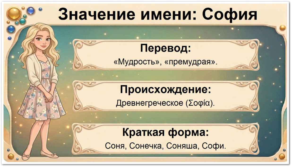 Значение имени София: перевод — мудрость, мудрая (греческое происхождение), древнегреческое и европейское распространение, краткие формы — Софа, Соня, Сонюшка, Соняша.