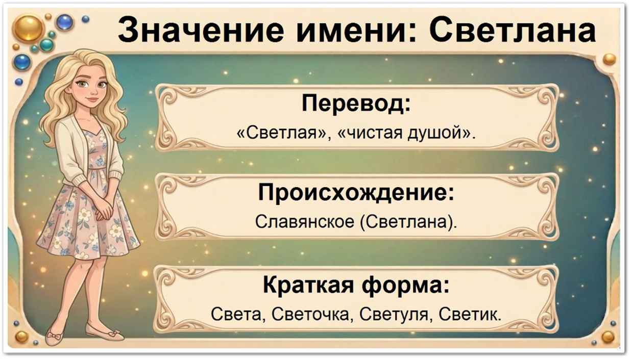 Значение имени Светлана: перевод — «светлая», «чистая» (образовано из славянских корней «свет» и «лан», где «лан» означает земля, поле или чистоту/красоту.