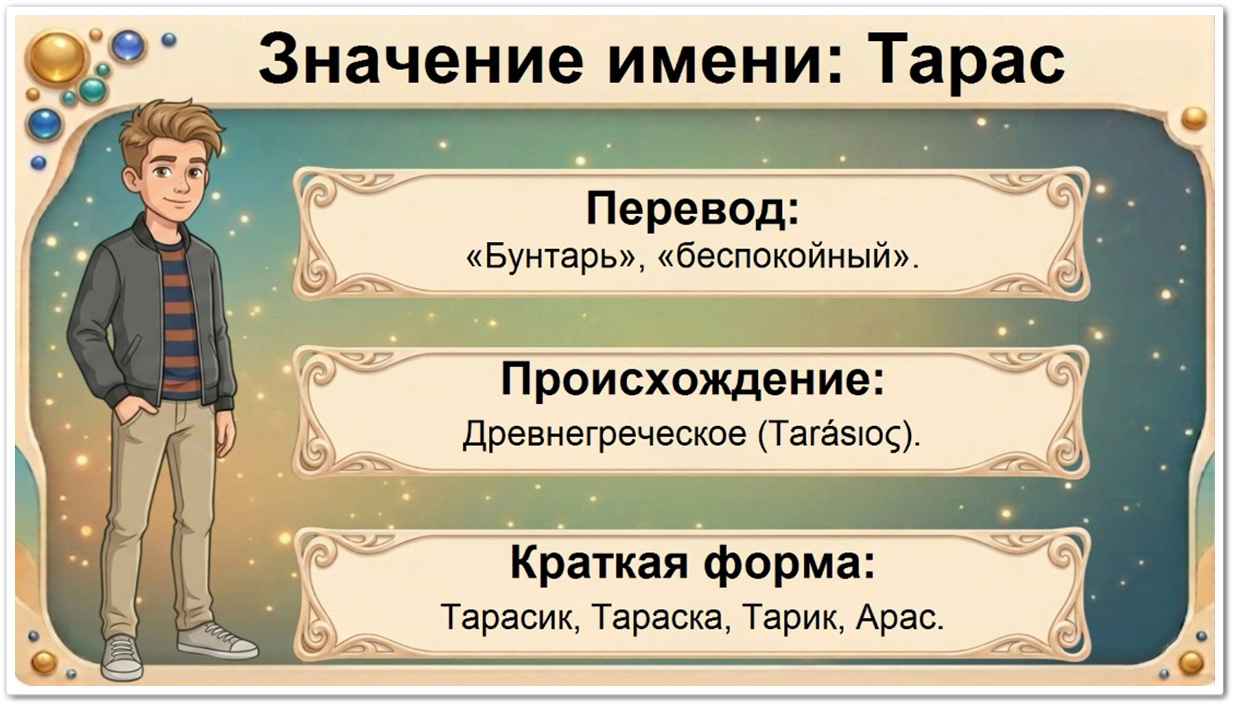 Значение имени Тарас: перевод — бунтарь, беспокойный, греческое происхождение, краткие формы Тарасик, Тараска, Тарик.