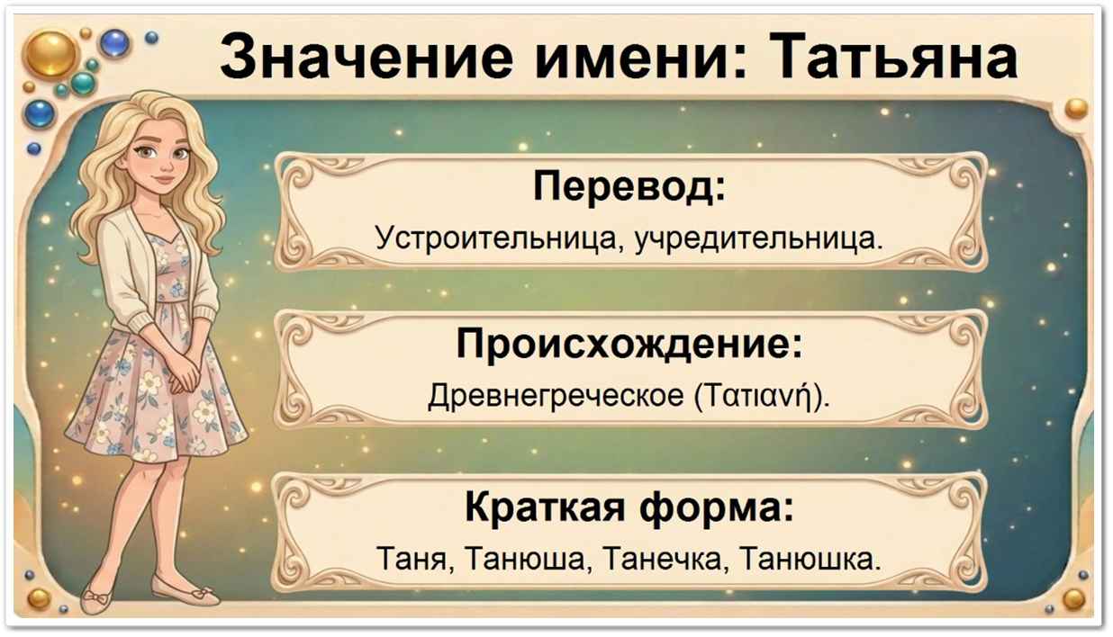 Значение имени Татьяна: перевод — устроительница, учредительница, повелительница (греческое происхождение, от имени царя Сабинян Тита Татия), латинское и европейское распространение, краткие формы — Таня, Танюша, Тата, Таша, Танюра.