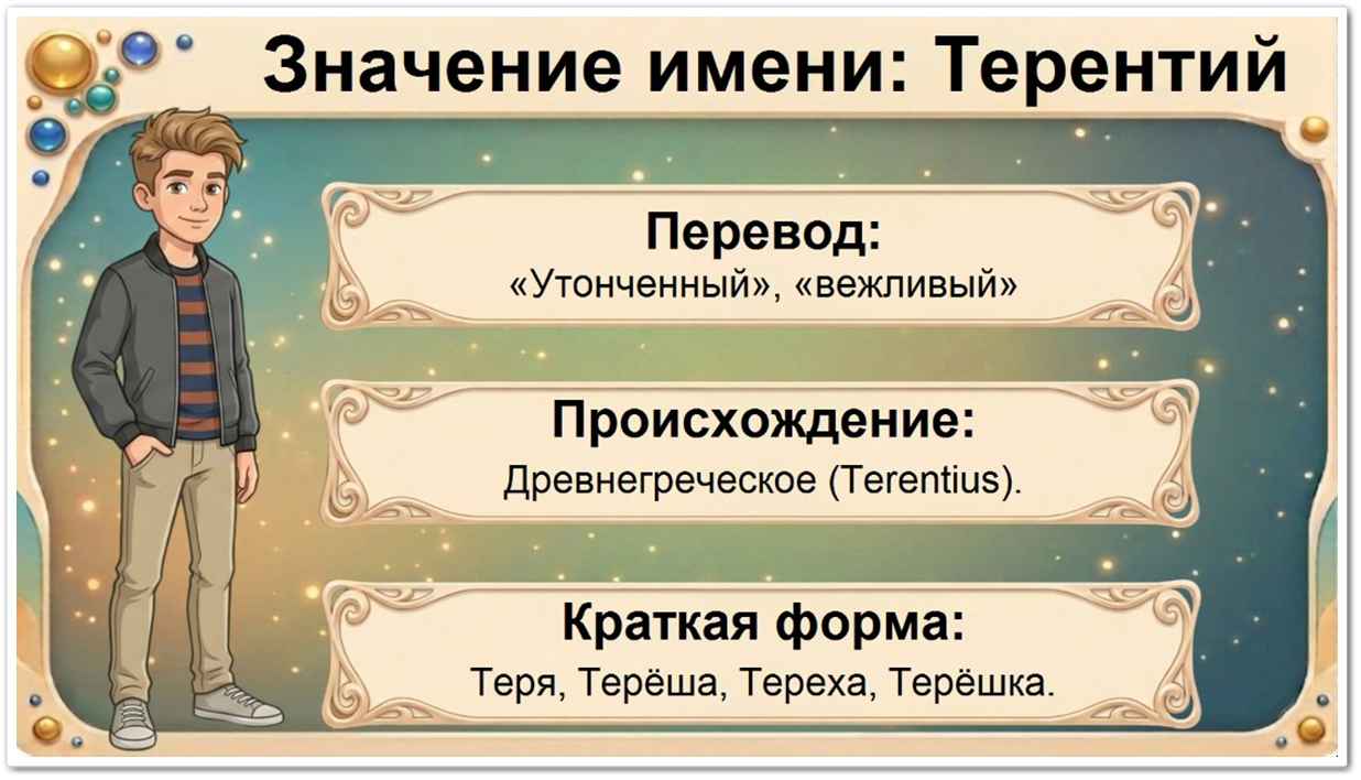 Значение имени Терентий: перевод — утонченный, вежливый, латинское происхождение, краткие формы Теря, Терёша, Тереха.