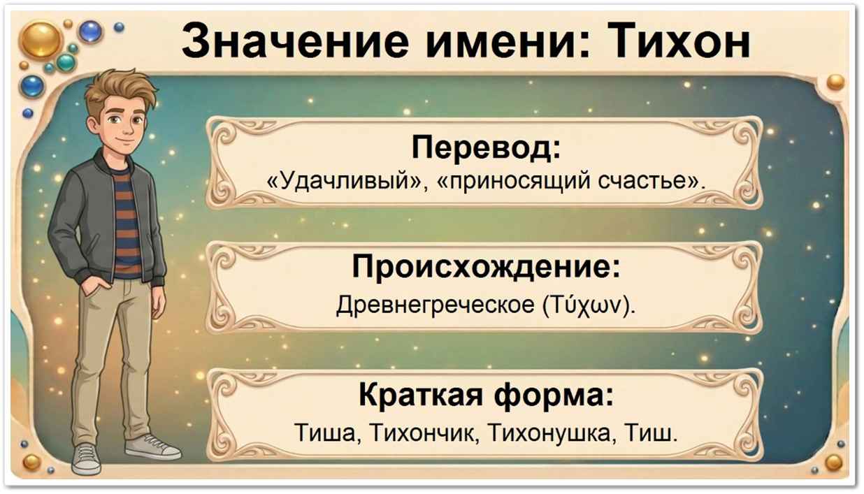 Значение имени Тихон: перевод — удачливый, греческое происхождение, краткие формы Тиша, Тихончик, Тихонушка, Тиш.