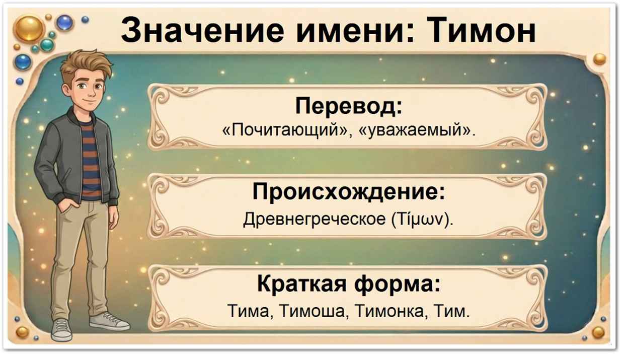 Значение имени Тимон: перевод — почитающий, уважаемый, греческое происхождение, краткие формы Тима, Тимоша, Тимонка, Тим.
