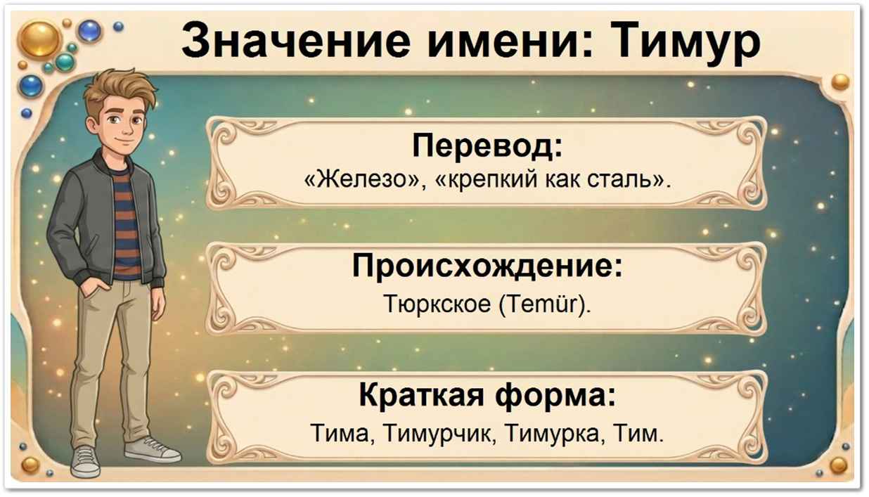 Значение имени Тимур: перевод — железо, крепкий как сталь, тюркское происхождение, краткие формы Тима, Тимурчик, Тимурка, Тим.