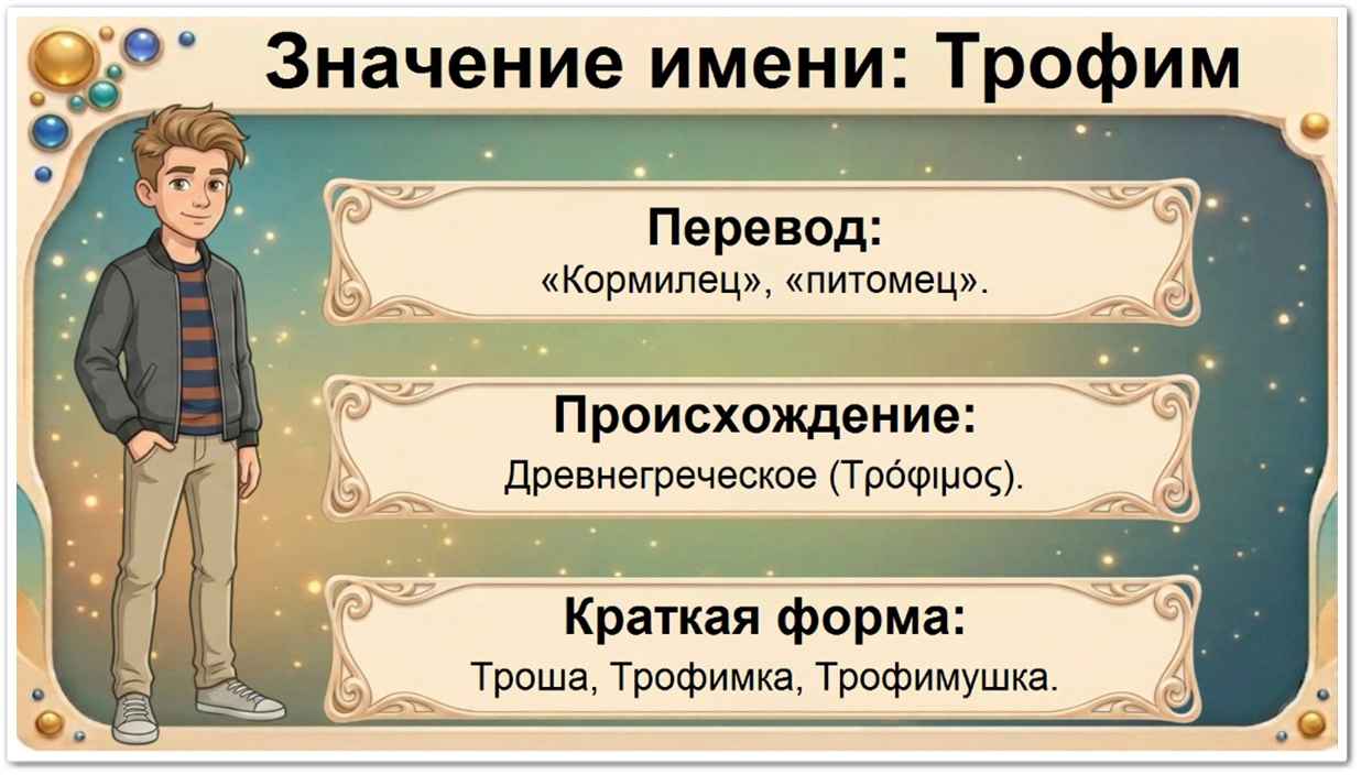 Значение имени Трофим: перевод — кормилец, питомец, греческое происхождение, краткие формы Троша, Трофимка, Фима.