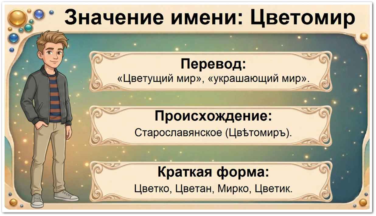 Значение имени Цветомир: перевод — цветущий мир, старославянское происхождение, краткие формы Цветко, Цветан, Мирко, Цветик.