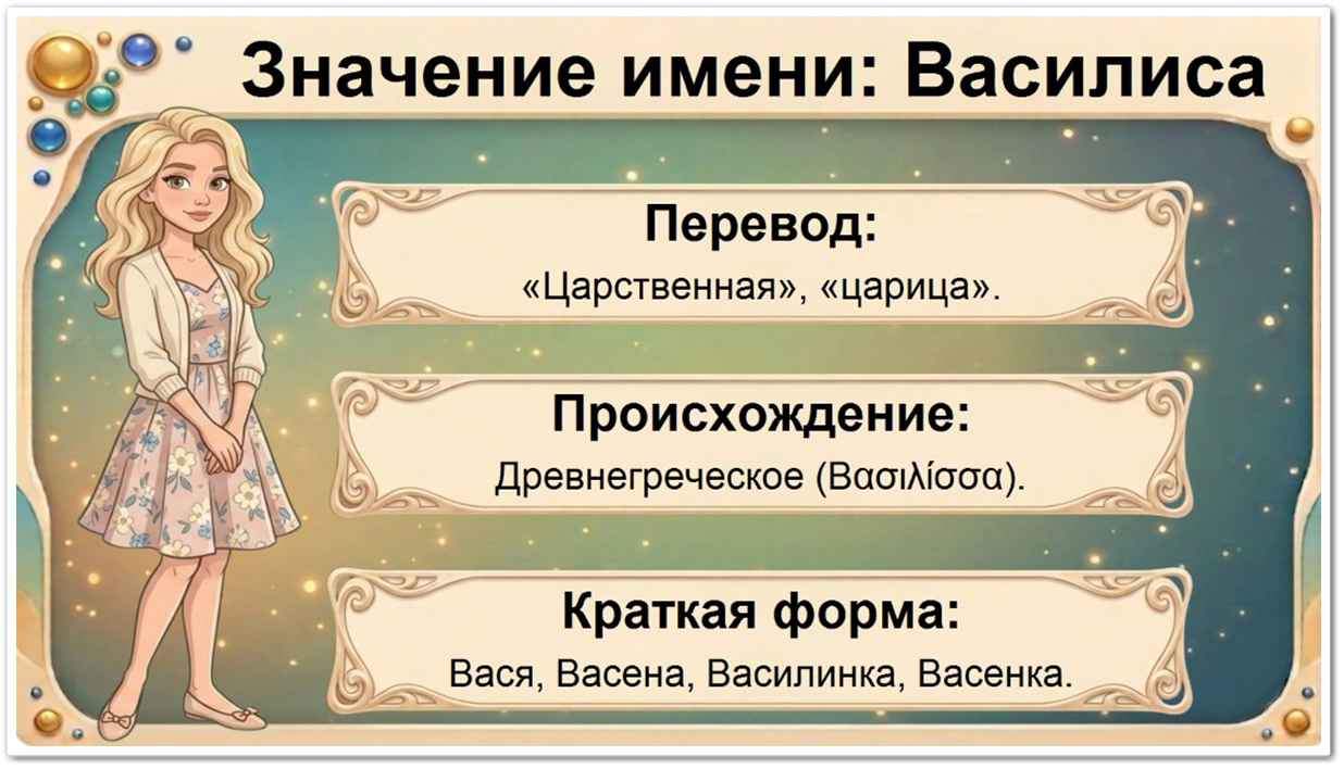 Значение имени Василиса: перевод — царственная, царица, греческое происхождение, краткие формы Вася, Васена, Василинка, Васенка.