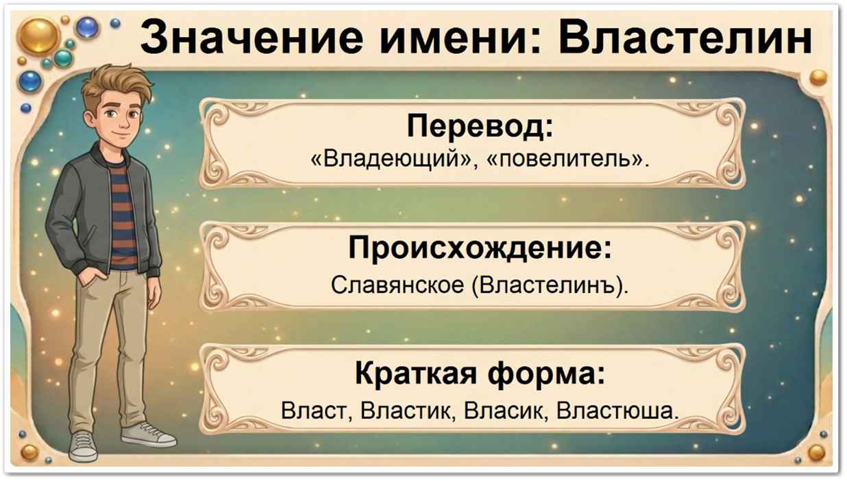 Значение имени Властелин: перевод — владеющий, повелитель, славянское происхождение, краткие формы Власт, Властик, Власик.
