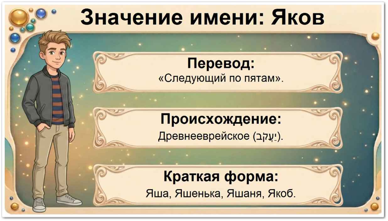 Значение имени Яков: перевод — следующий по пятам, древнееврейское происхождение, краткие формы Яша, Яшенька, Яшаня, Якоб.