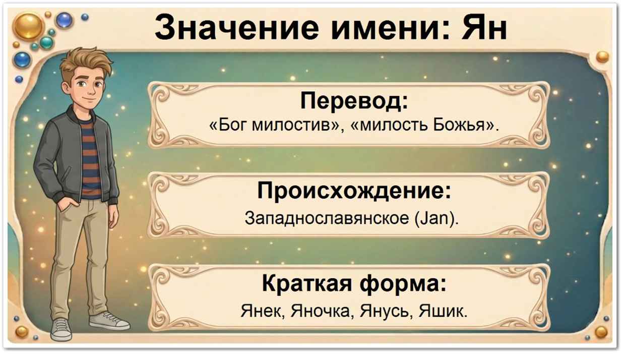 Значение имени Ян: перевод — Бог милостив, древнееврейское происхождение, краткие формы Янек, Яночка, Янусь, Яшик.