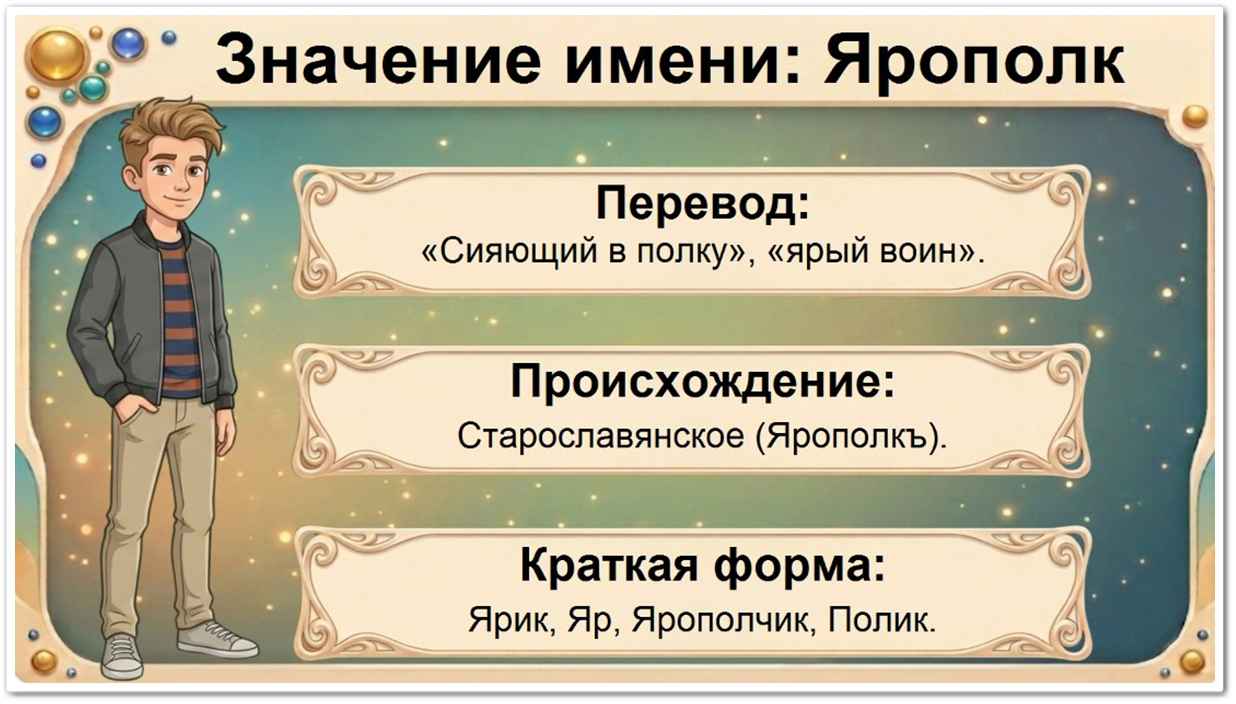 Значение имени Ярополк: перевод — сияющий в полку, старославянское происхождение, краткие формы Ярик, Яр, Ярополчик, Полик.