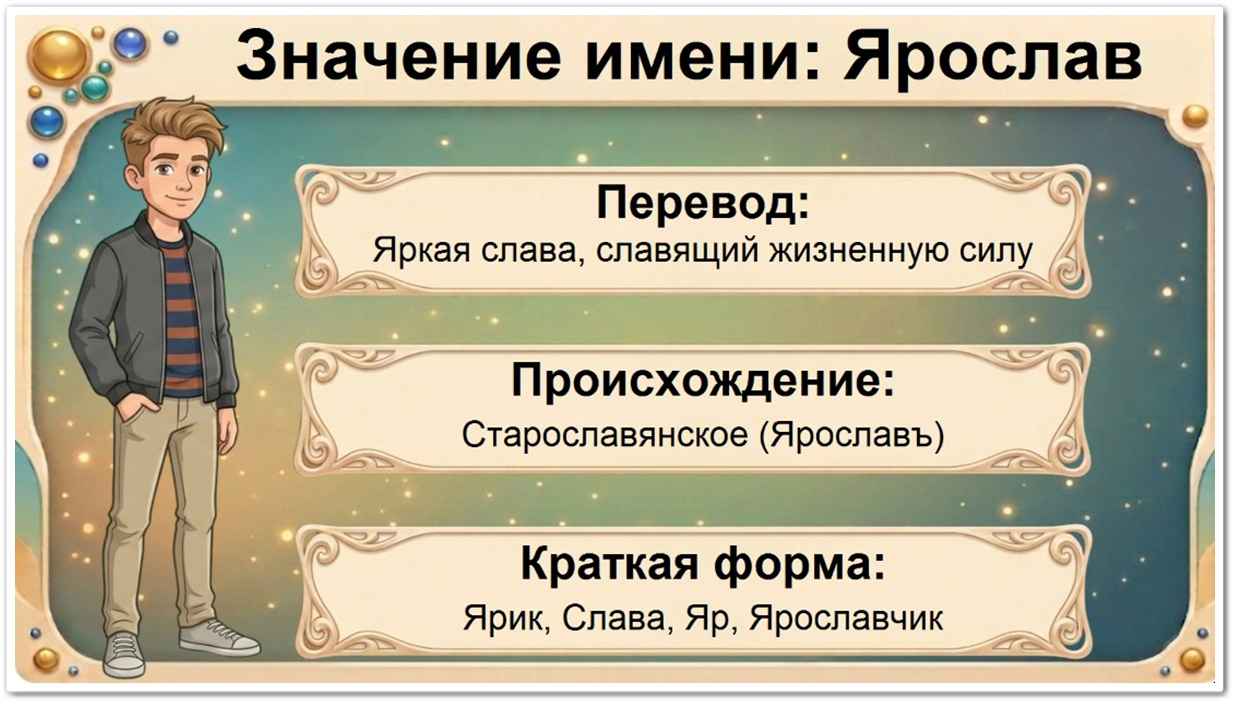 Значение имени Ярослав: перевод — яркая слава, старославянское происхождение, краткие формы Ярик, Слава, Яр, Ярославчик.