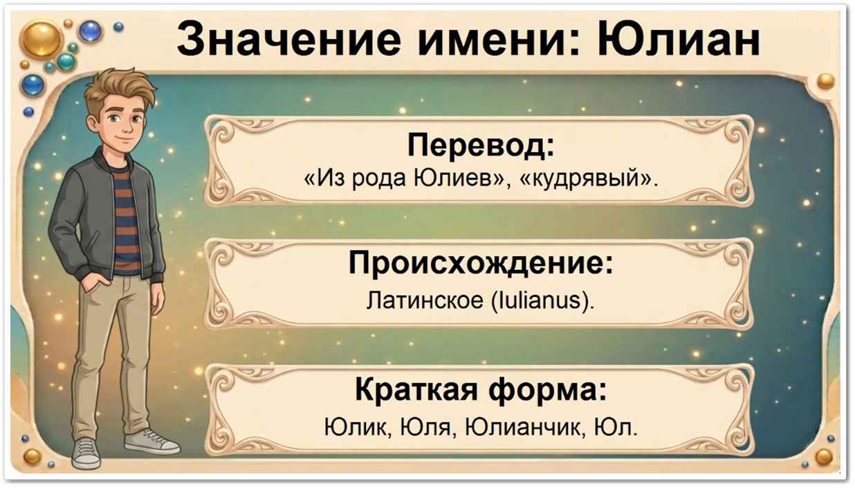 Значение имени Юлиан: перевод — из рода Юлиев, латинское происхождение, краткие формы Юлик, Юля, Юлианчик, Юл.