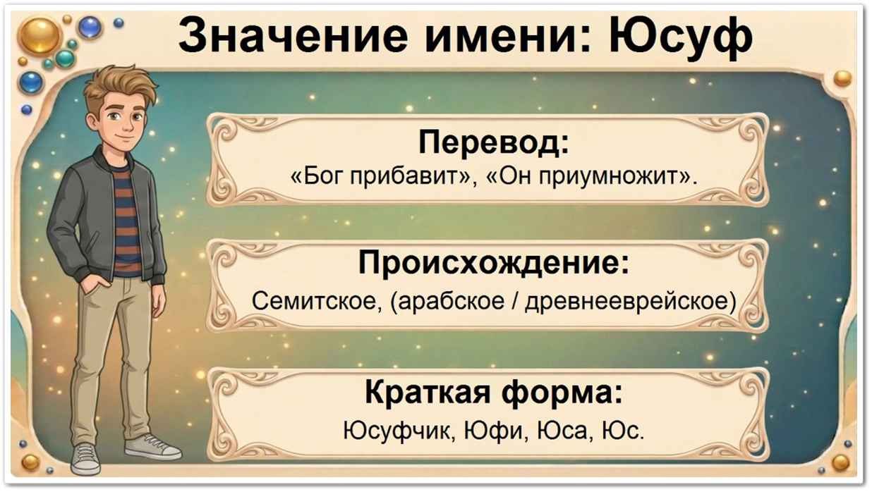 Значение имени Юсуф: перевод — Бог прибавит, древнееврейское и арабское происхождение, краткие формы Юсуфчик, Юфи, Юса, Юс.