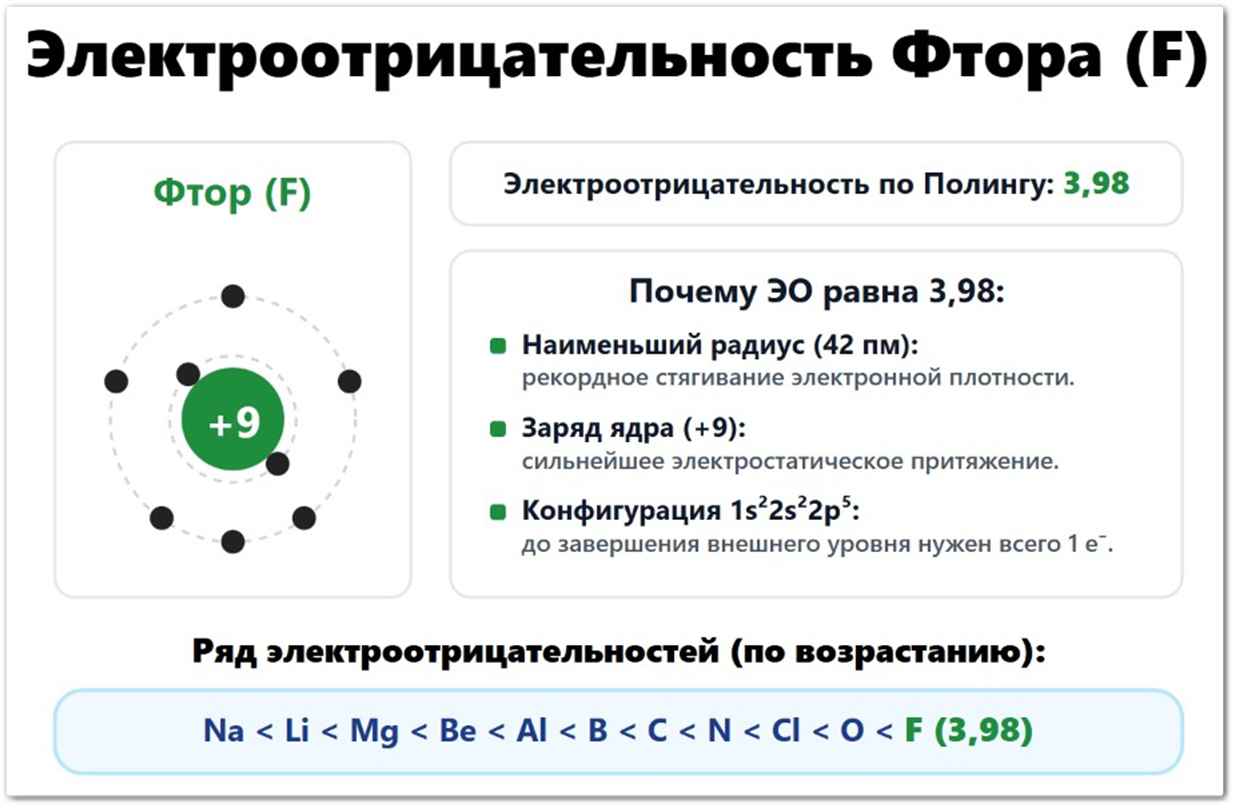 Электроотрицательность Фтора (F): значение по Полингу 3,98, что влияет на ЭО: радиус (42 пм), заряд ядра +9, электронная конфигурация. Расположен в таблице ЭО перед кислородом и имеет самое большое значение среди всех элементов.