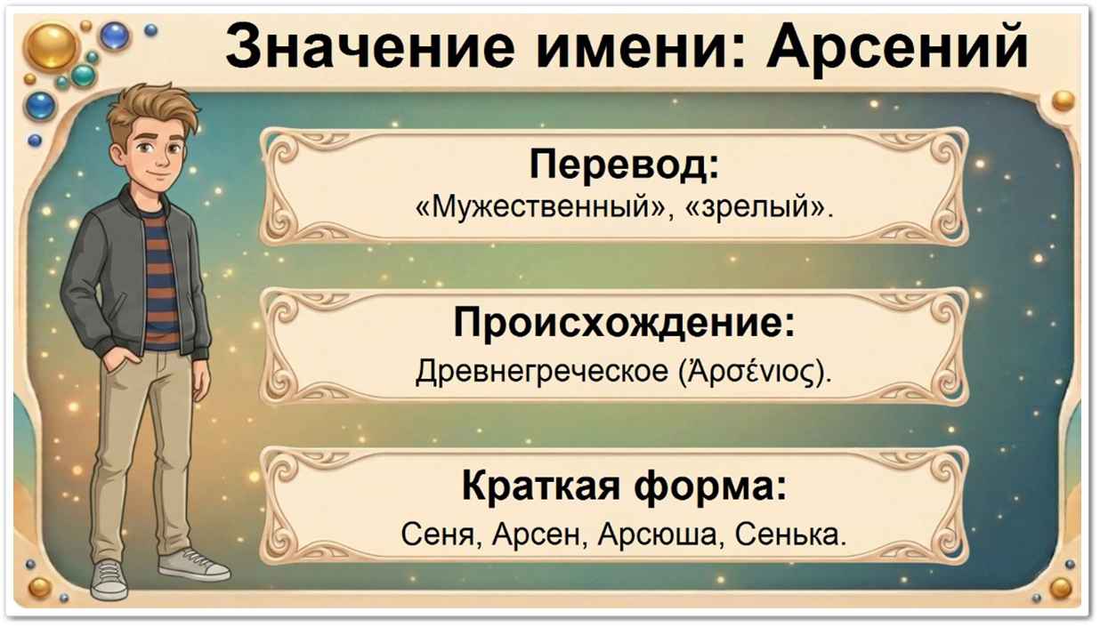 Значение имени Арсений: перевод — мужественный, зрелый, греческое происхождение, краткие формы Сеня, Арсен, Арсюша.