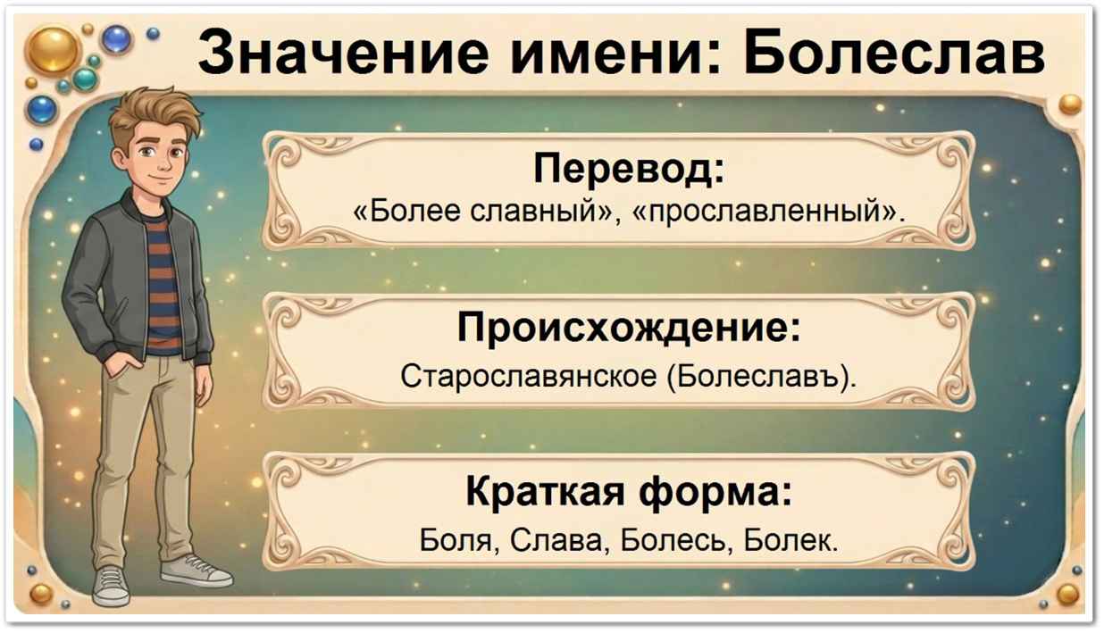 Значение имени Болеслав: перевод — более славный, старославянское происхождение, краткие формы Боля, Слава, Болесь, Болек.