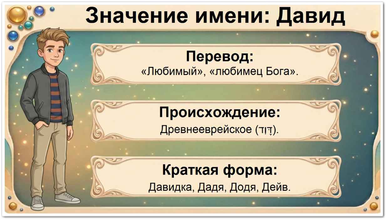 Значение имени Давид: перевод — любимый, древнееврейское происхождение, краткие формы Давидка, Дадя, Додя, Дейв.