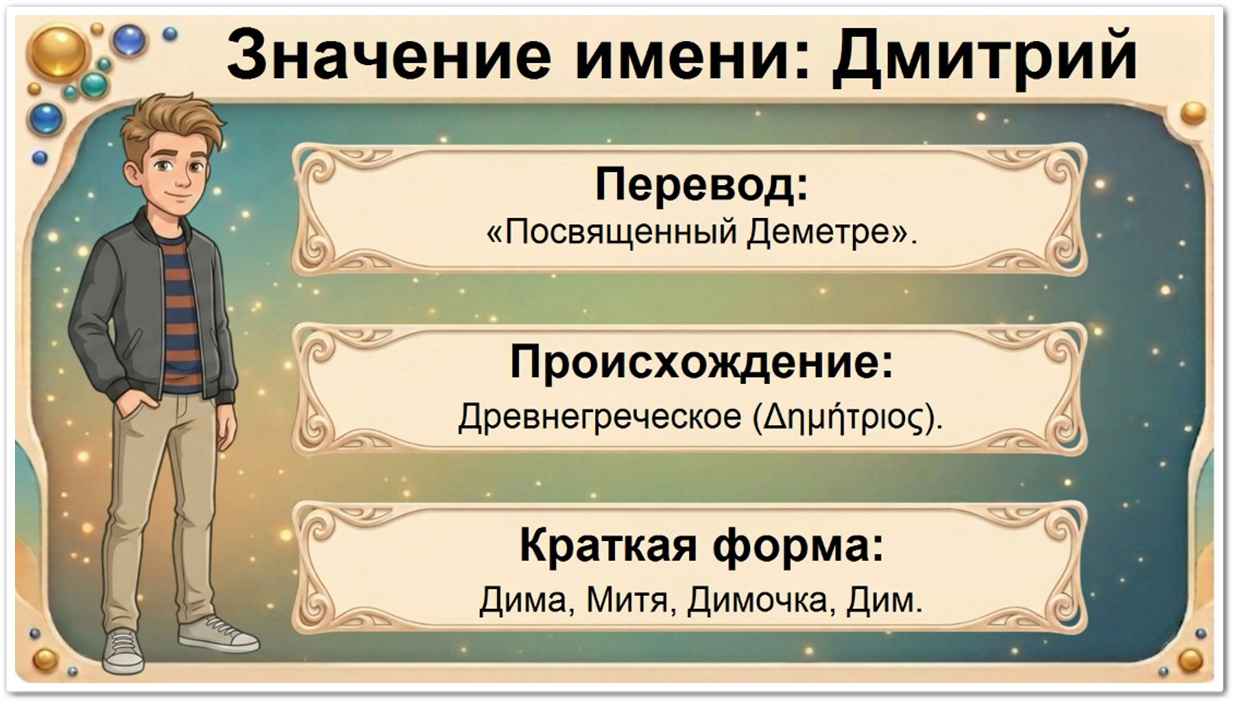 Значение имени Дмитрий: перевод — посвященный Деметре, греческое происхождение, краткие формы Дима, Митя, Димочка, Дим.