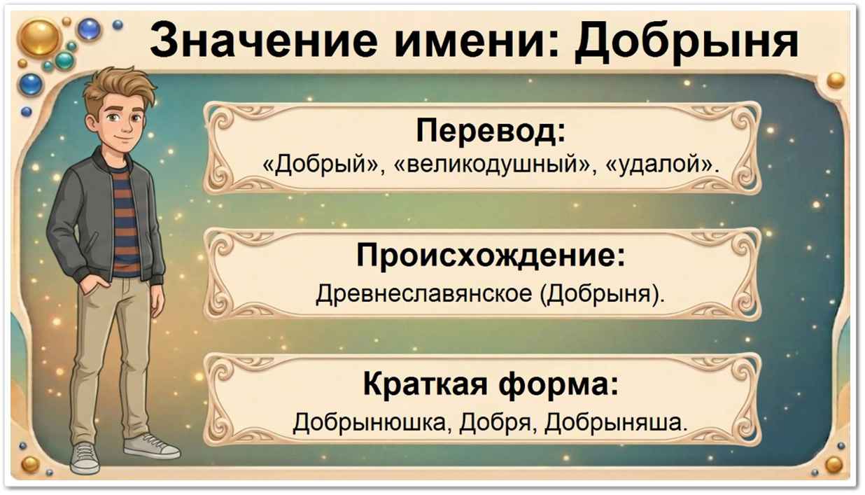 Значение имени Добрыня: перевод — добрый, удалой, древнеславянское происхождение, краткие формы Добрынюшка, Добрыняша, Добря.