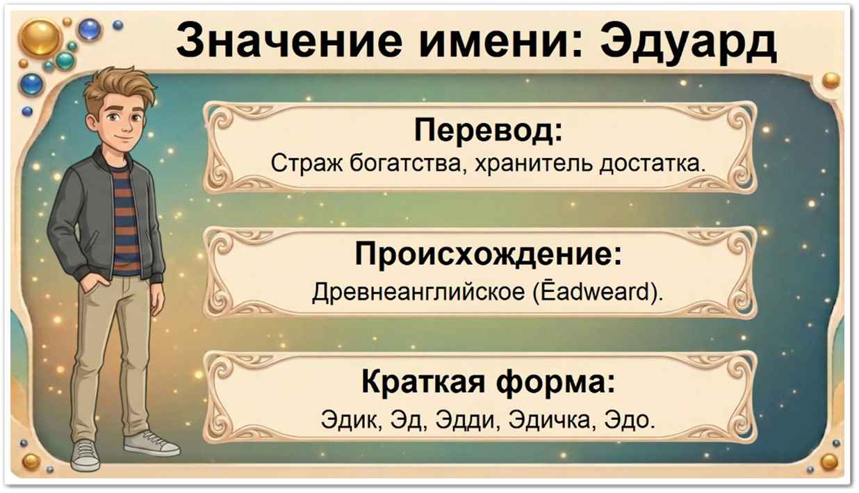 Значение имени Эдуард: перевод — страж богатства, древнегерманское и англосаксонское происхождение, краткие формы Эдик, Эдди, Эд.