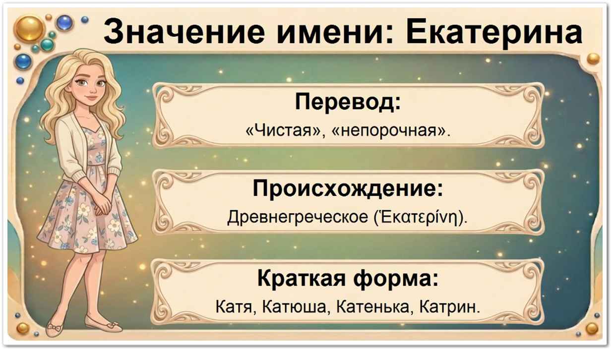 Значение имени Екатерина: перевод — чистая, непорочная, греческое происхождение, краткие формы Катя, Катюша, Катенька, Катрин.