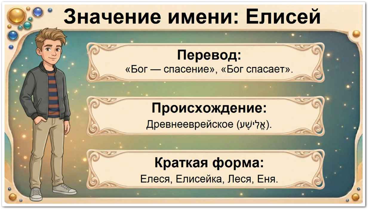 Значение имени Елисей: перевод — Бог спасение, древнееврейское происхождение, краткие формы Елеся, Елисейка, Леся, Еня.