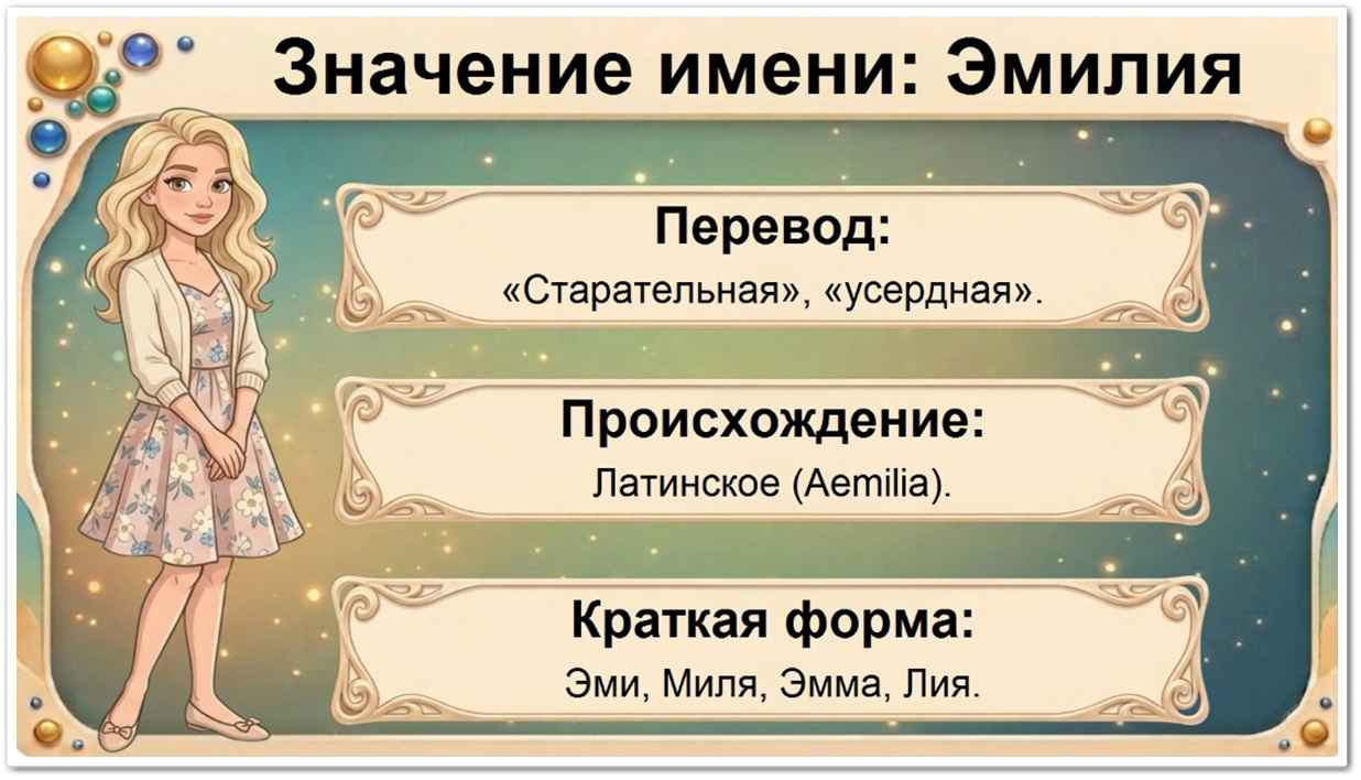 Значение имени Эмилия: перевод — старательная, сильная, латинское происхождение, краткие формы Эми, Миля, Эмма, Лия.