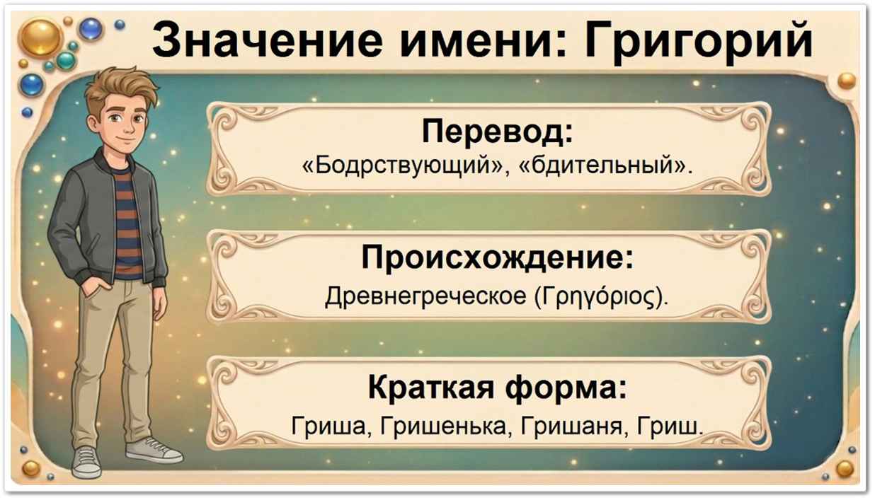 Значение имени Григорий: перевод — бодрствующий, греческое происхождение, краткие формы Гриша, Гришенька, Гришаня, Гриш.