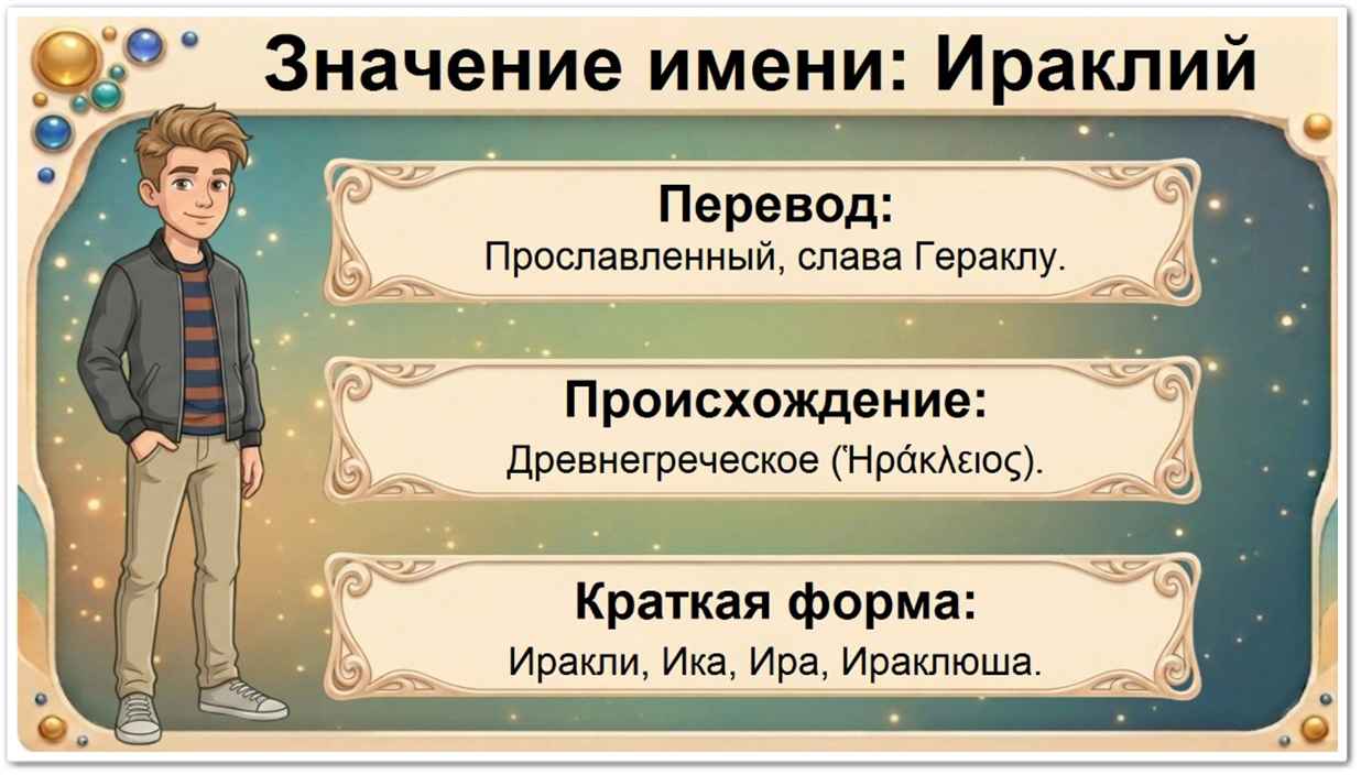 Значение имени Ираклий: перевод — прославленный Гераклом, греческое происхождение, краткие формы Иракли, Ика, Ира, Ираклюша.