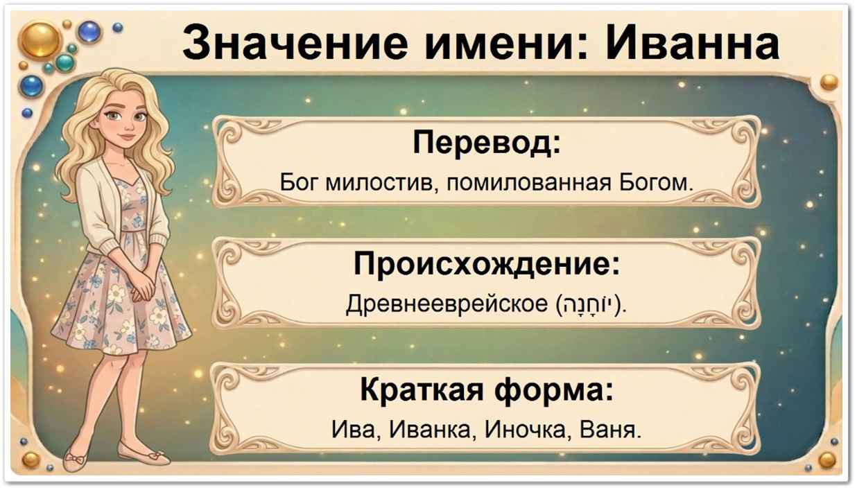 Значение имени Иванна: перевод — Бог милостив, древнееврейское происхождение, краткие формы Ива, Иночка, Иванка, Ваня.