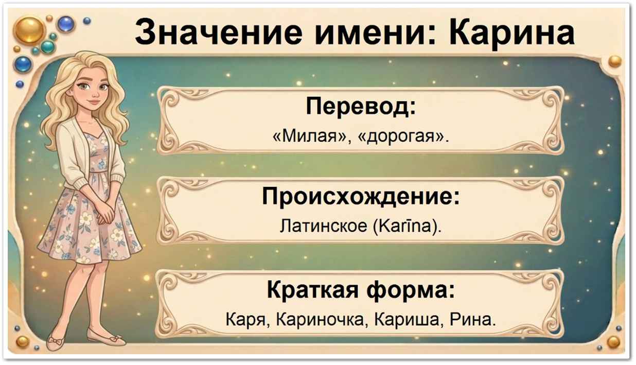 Значение имени Карина: перевод — милая, дорогая, латинское происхождение, краткие формы Каря, Кариночка, Кариша, Рина.