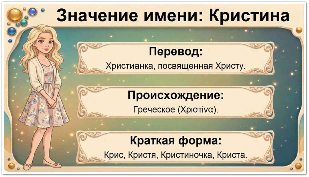 Значение имени Кристина: перевод — христианка, греческое происхождение, краткие формы Крис, Кристя, Кристиночка, Криста.